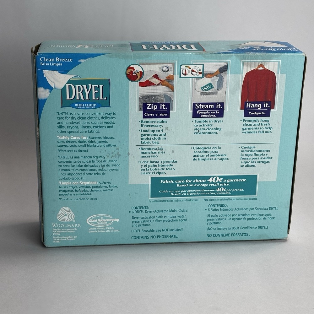 Dryel Clean Breeze 6 Dryer-Activated Refill Cloths 24 Garments Box NEW SEALED - Picture 3 of 6